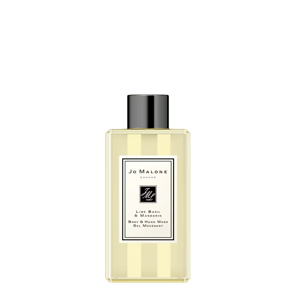 Jo Malone body and hand wash bottle with black cap, clear yellow liquid