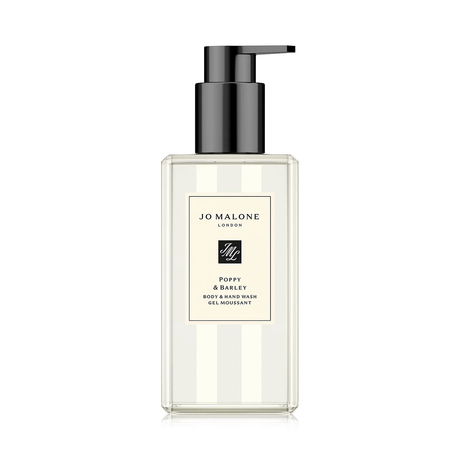 Body and hand wash bottle with black pump, clear bottle, cream label