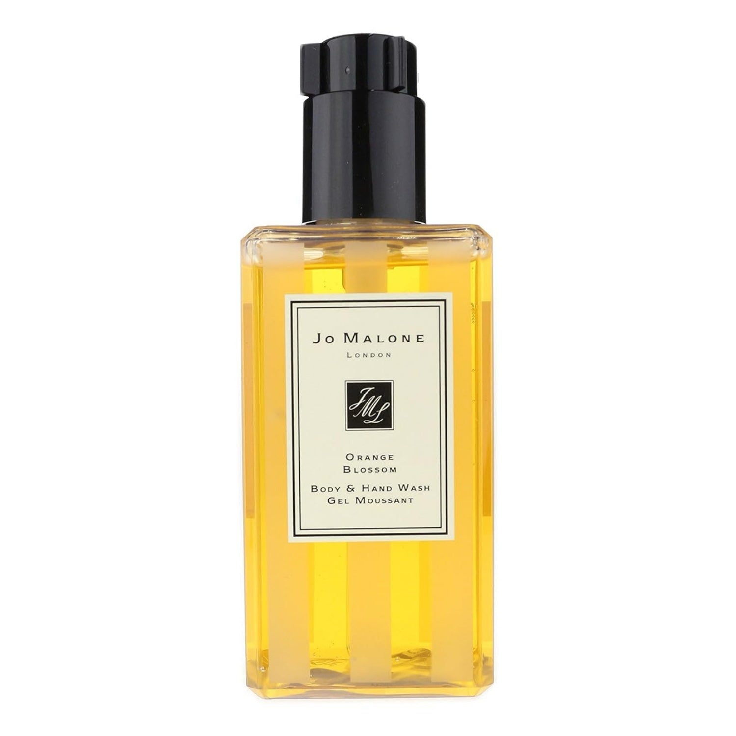Jo Malone orange blossom body & hand wash bottle with black pump cap, clear amber liquid