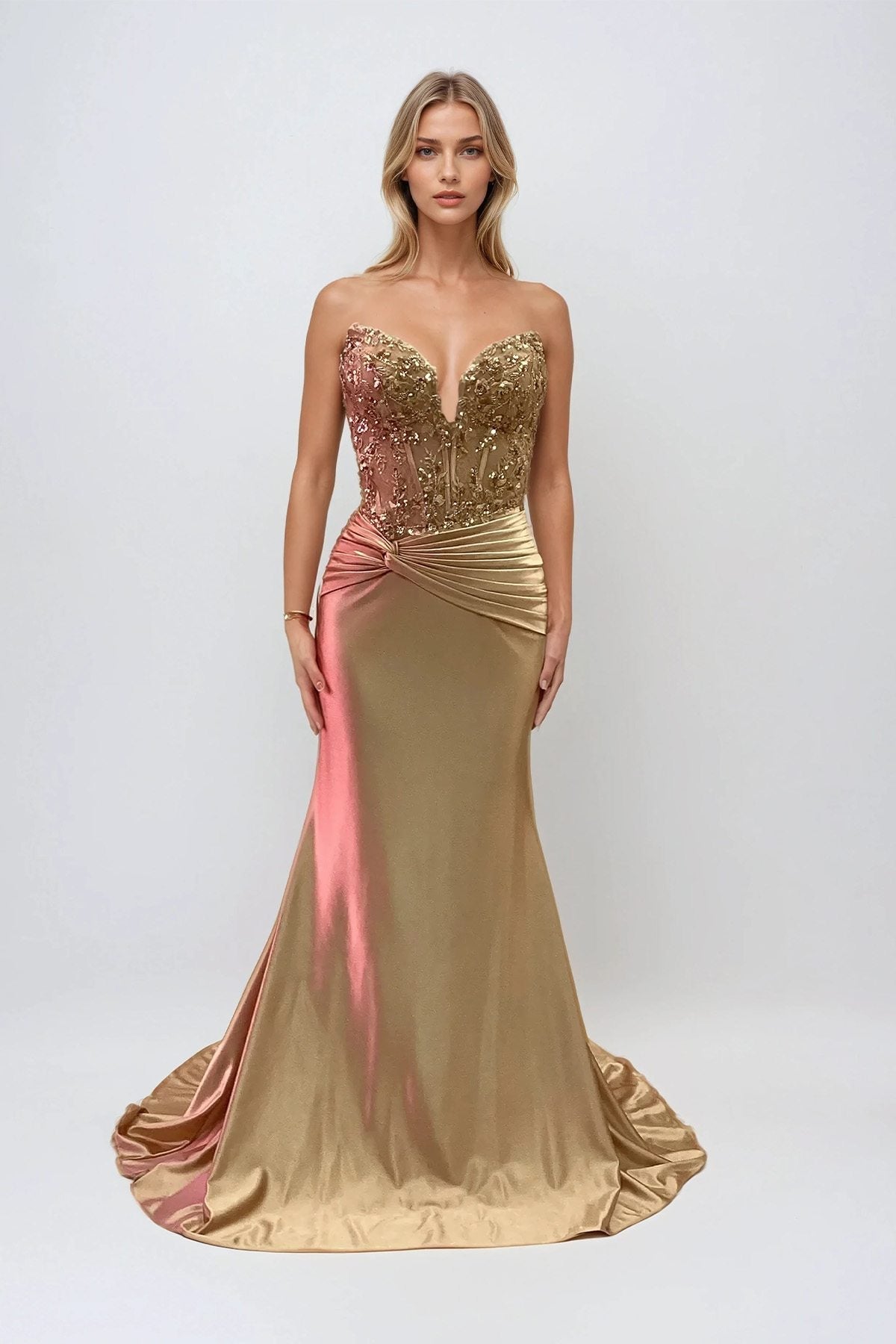 Beaded strapless sweetheart prom gown with ombré pink-to-gold satin skirt