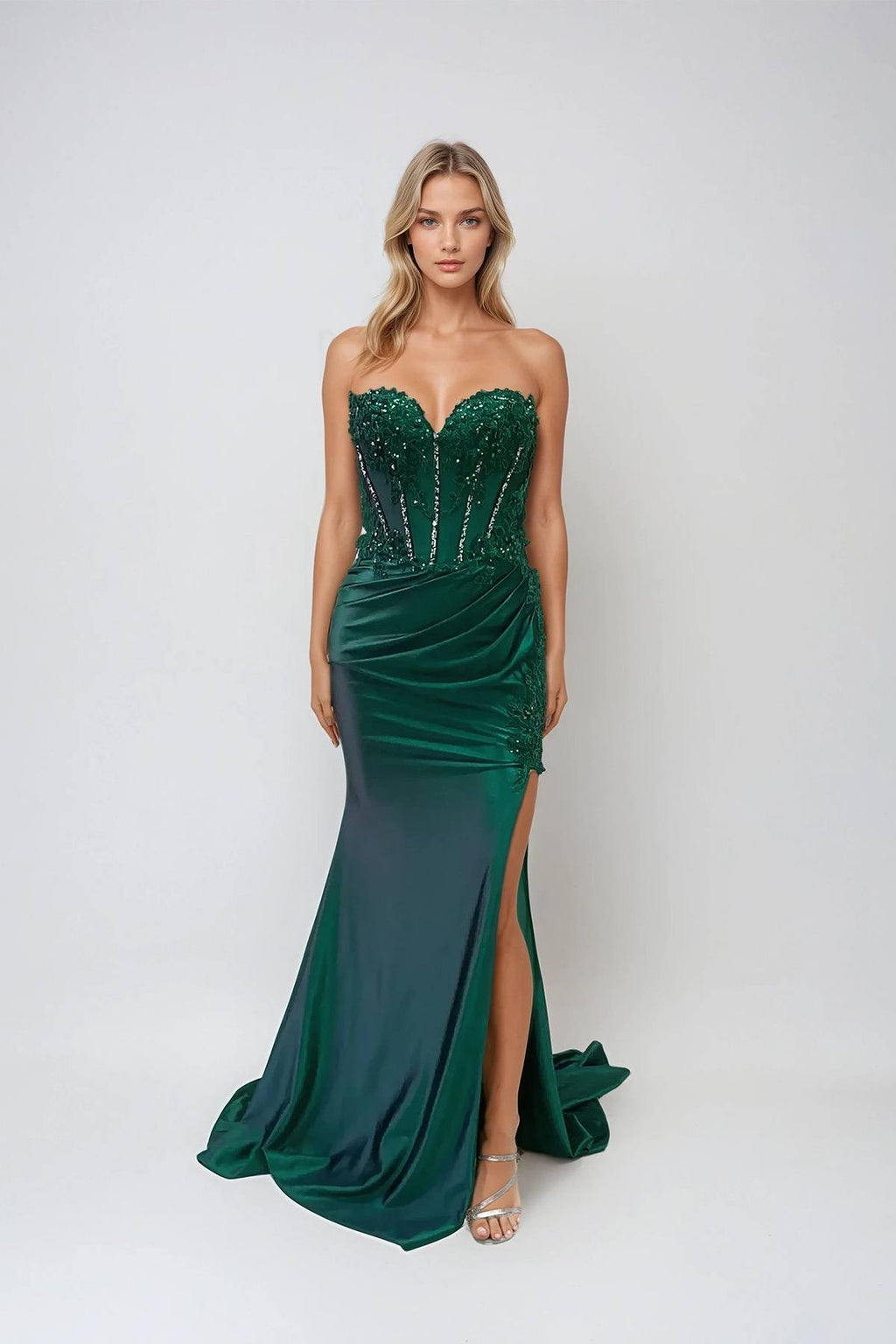 Bandeau sweetheart satin prom gown, deep green, beaded corset bodice