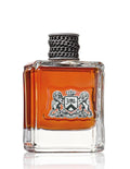 Men's eau de toilette spray bottle with amber liquid, dark braided cap, crest label