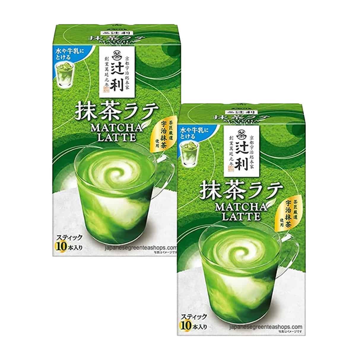 Matcha latte drink mix stick boxes, green packaging with cup graphic, 10 sticks each (2 boxes)