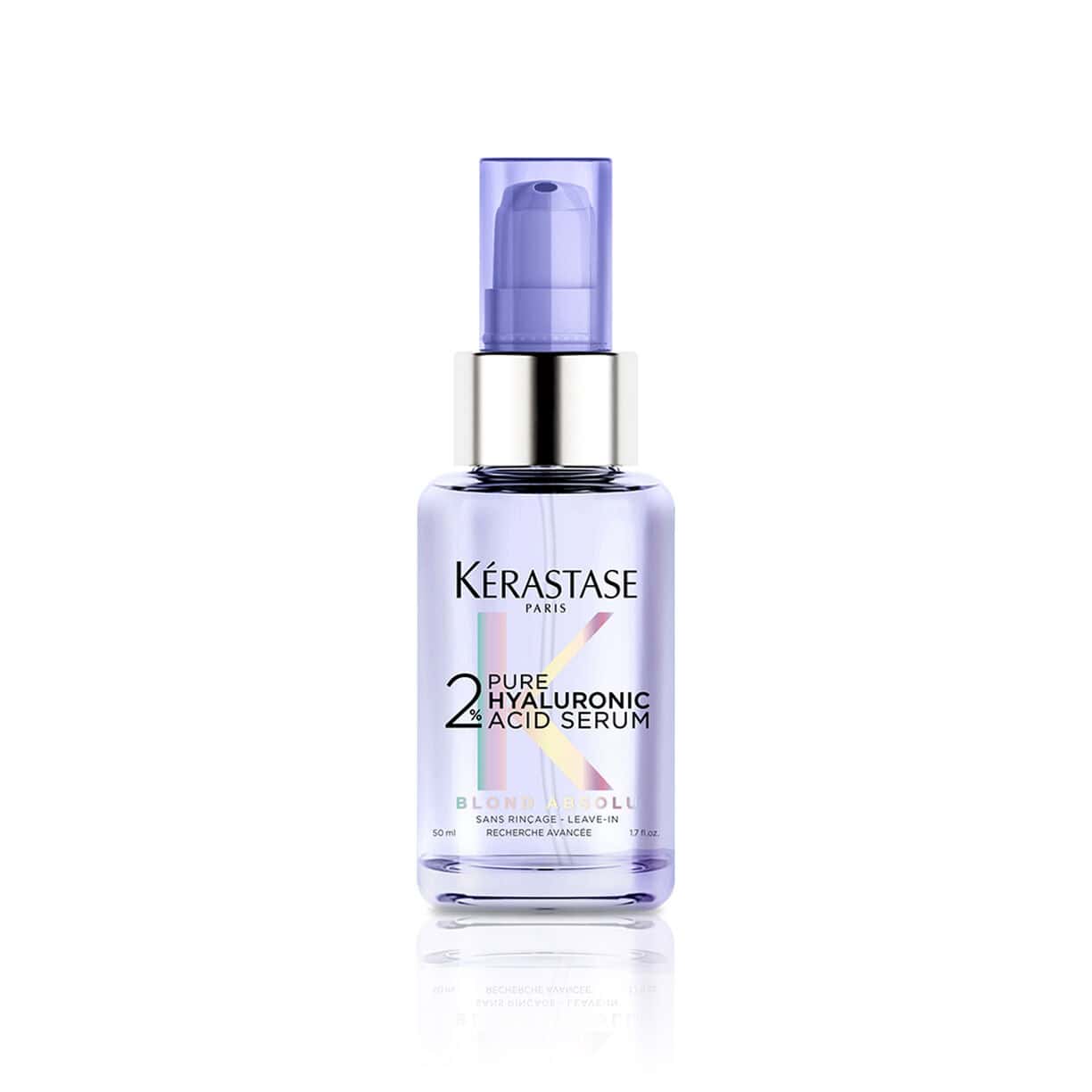 Kerastase hair serum bottle with 2% hyaluronic acid, clear lavender liquid, pump top