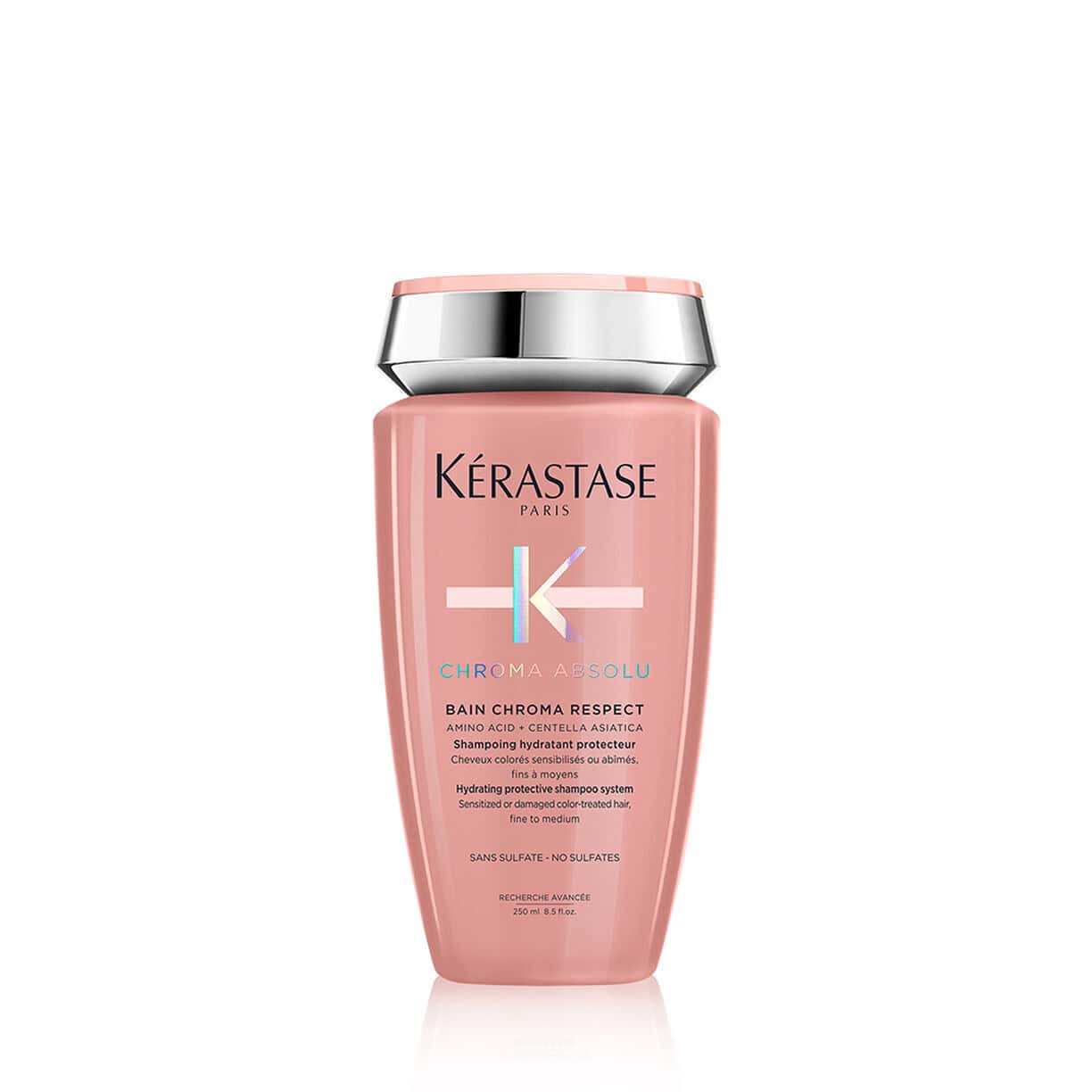 Kérastase Chroma Respect shampoo bottle with silver cap, pink