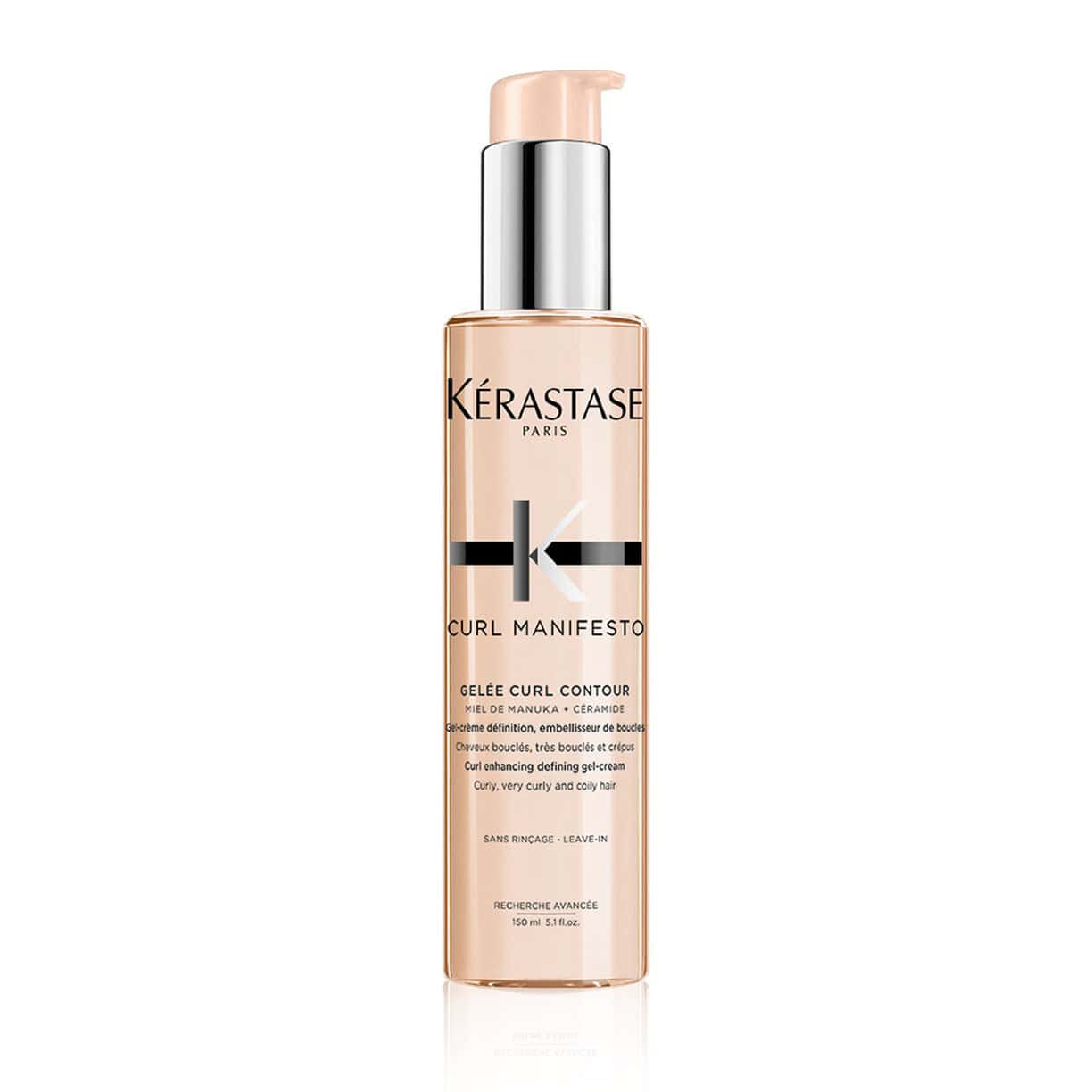 Kerastase gel cream bottle with pump dispenser, amber-gold liquid, Curl Contour label