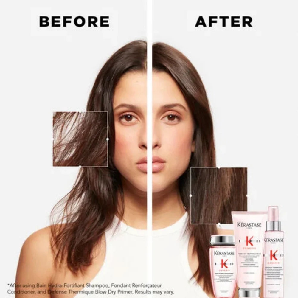 Kérastase Genesis shampoo bottles shown with before/after hair split graphic