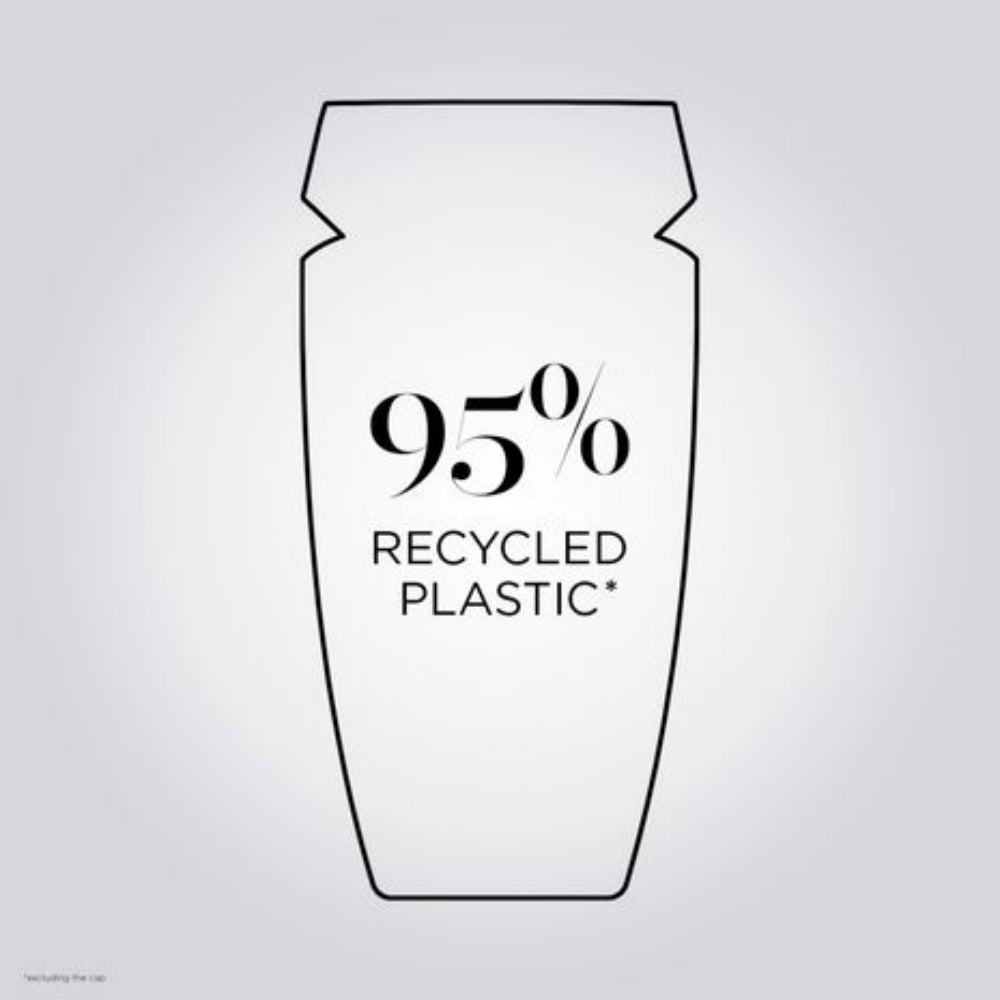 Recycled plastic claim graphic showing “95% recycled plastic*” for shampoo bottle