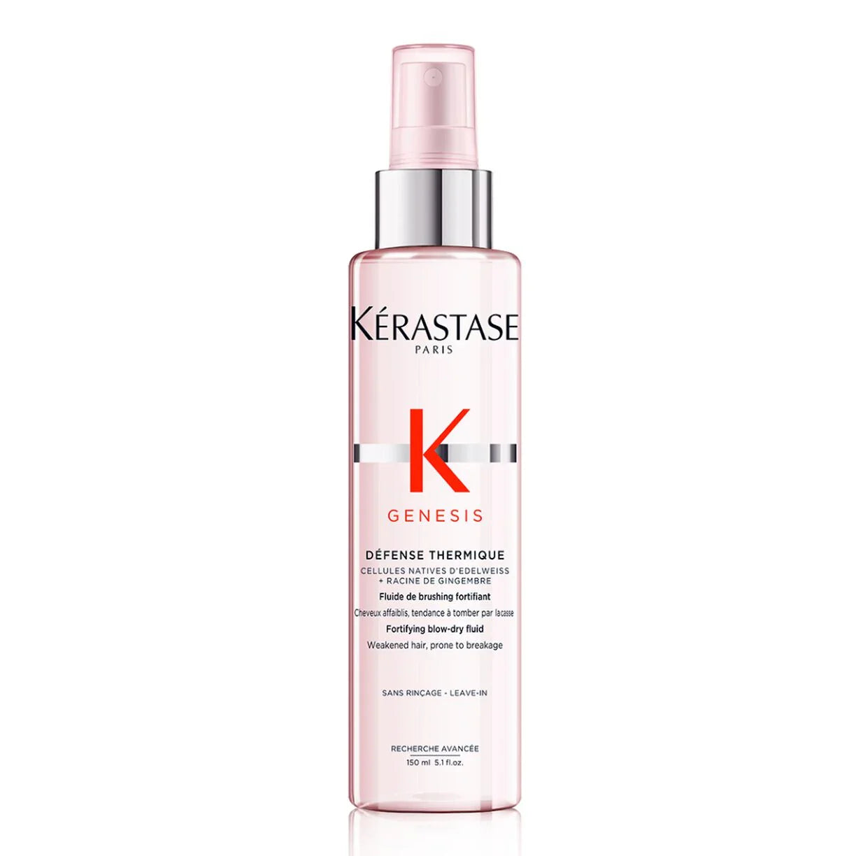 Kérastase Genesis heat-protecting spray bottle with pink pump and clear nozzle