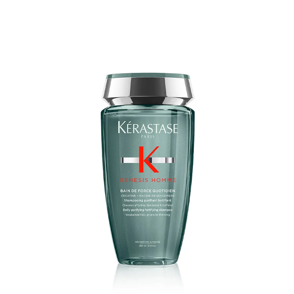 Men's shampoo bottle, dark green with silver cap and Kerastase Paris label