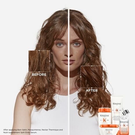 Long curly brown hair split before-and-after display with small shampoo bottles