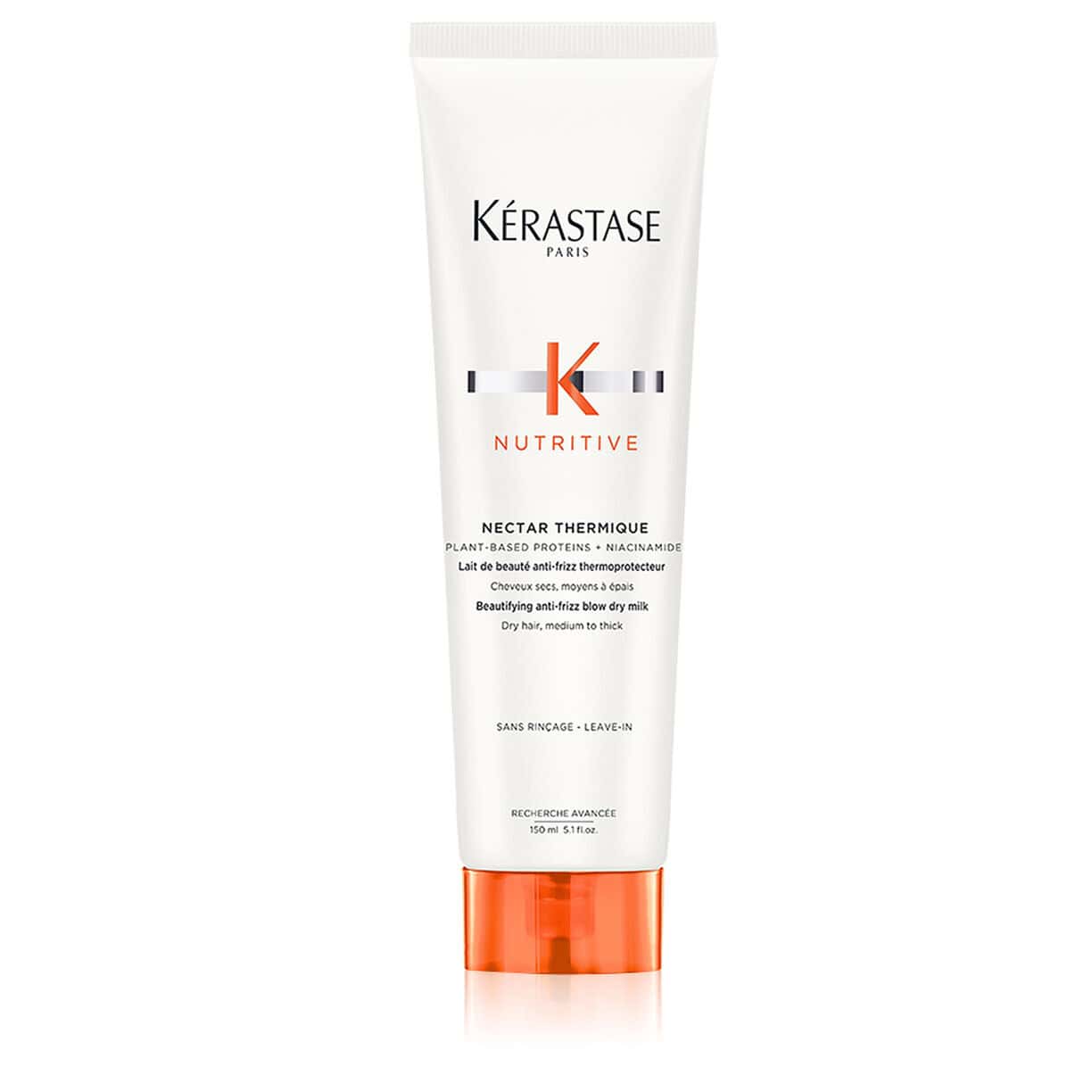 Kérastase heat protect cream tube, white with orange base, front branding.