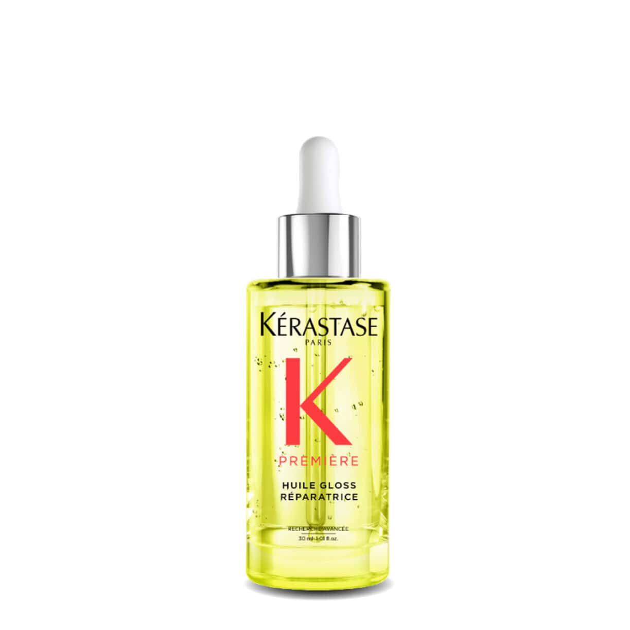 Kérastase hair gloss repair oil bottle with dropper; green-gold liquid, 1.01 oz