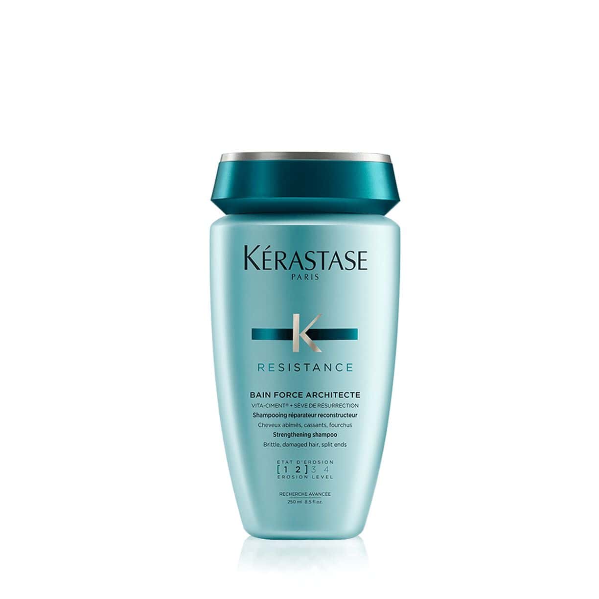 Kerastase Bain Force Architecte shampoo bottle, teal plastic with teal cap