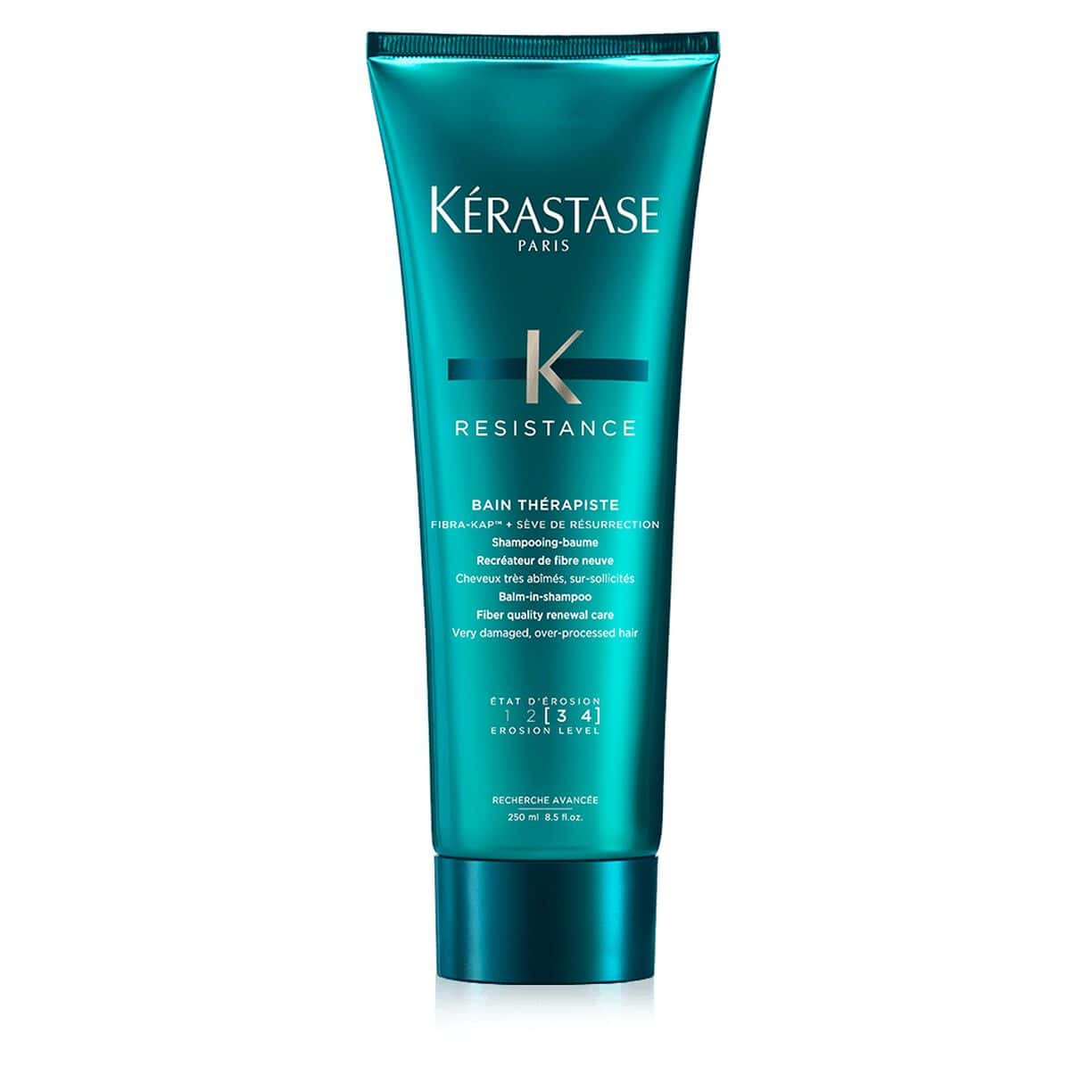 Kérastase Resistance Bain Therapiste shampoo in teal squeeze bottle