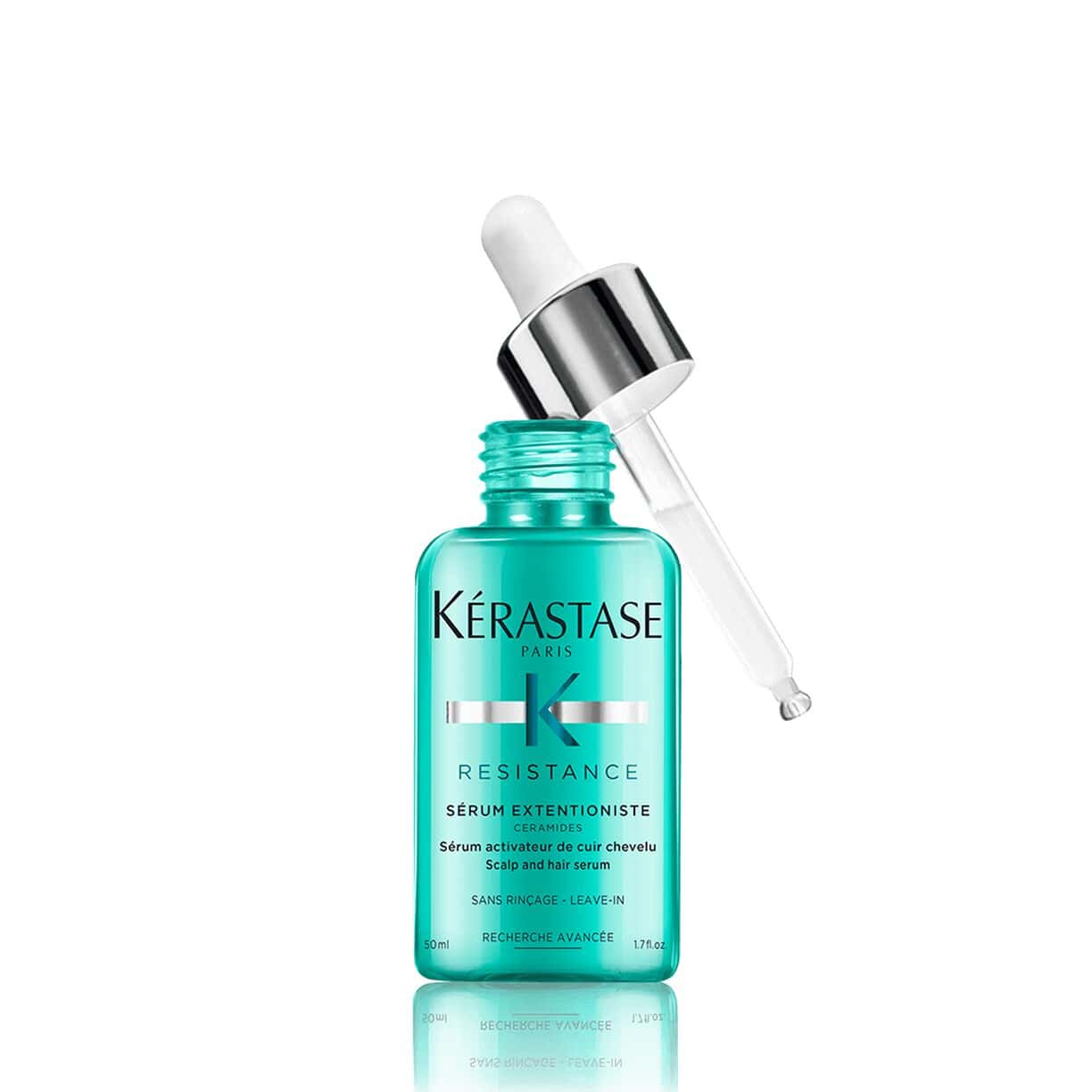 Kerastase Resistance scalp and hair serum bottle with white dropper, teal glass