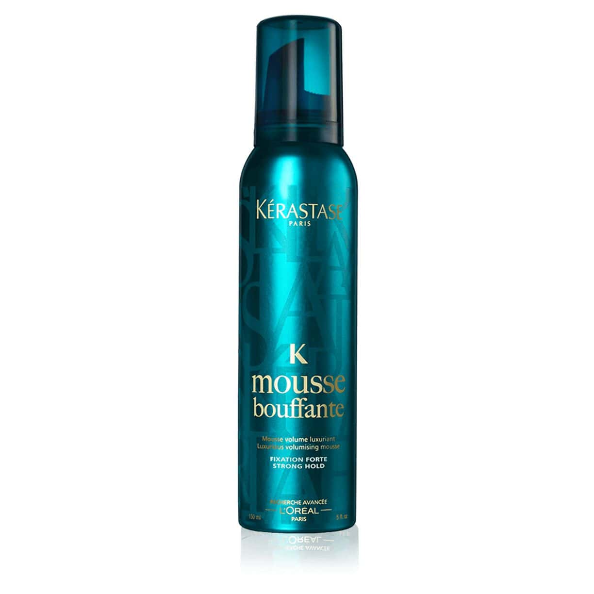 Hair mousse bottle, teal pump spray with K mousse bouffant label, Kerastase Paris