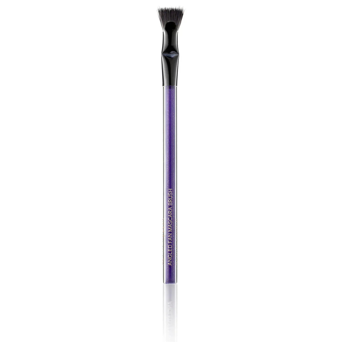 Angled fan mascara brush with black bristles and purple handle