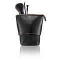 Black cosmetic pouch with top zipper and makeup brush holder, Kevyn Aucoin logo