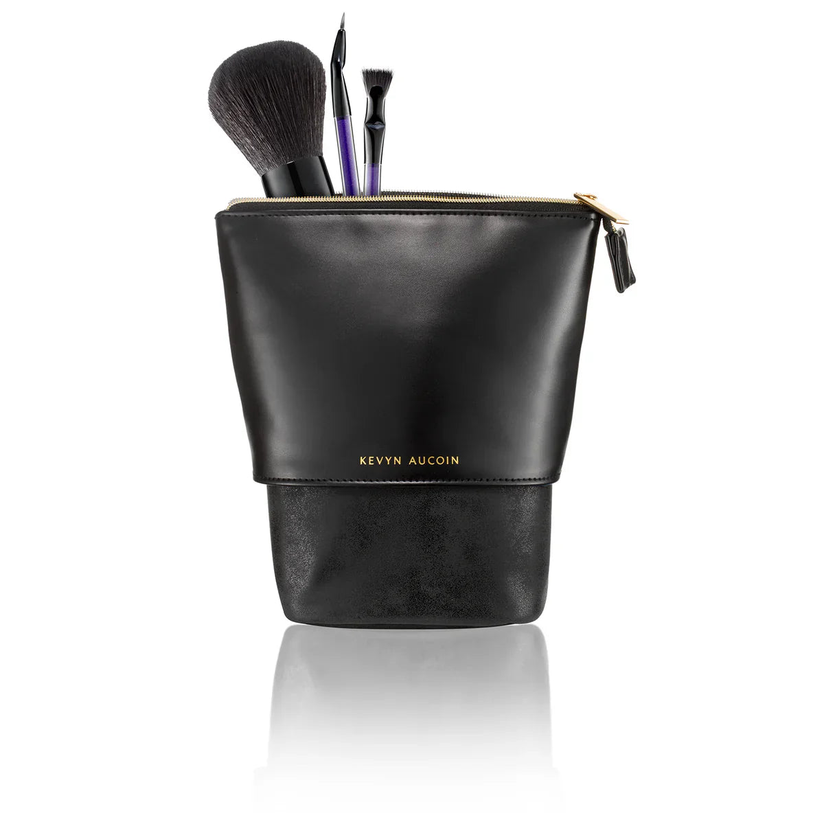 Black cosmetic pouch with top zipper and makeup brush holder, Kevyn Aucoin logo