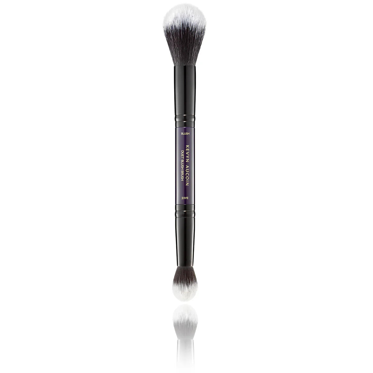 Blush makeup brush with black handle and soft white bristles