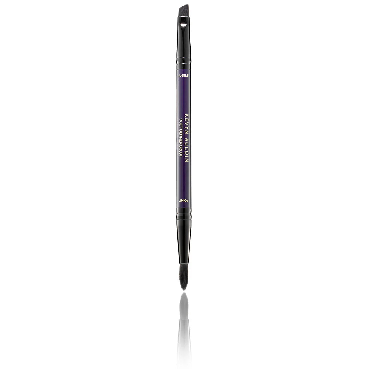Makeup definer brush with black handle and tapered tip, purple logo text