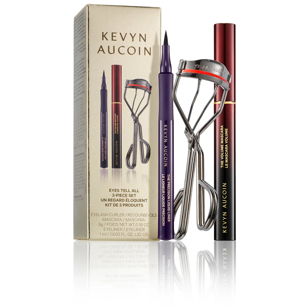 Eyes Tell All 3-piece eye set box with purple pencil, mascara, and eyelash curler