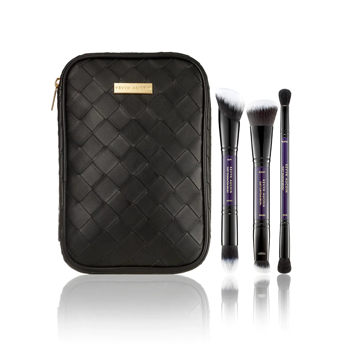 Kevyn Aucoin Making Faces brush set with four makeup brushes and black zip pouch