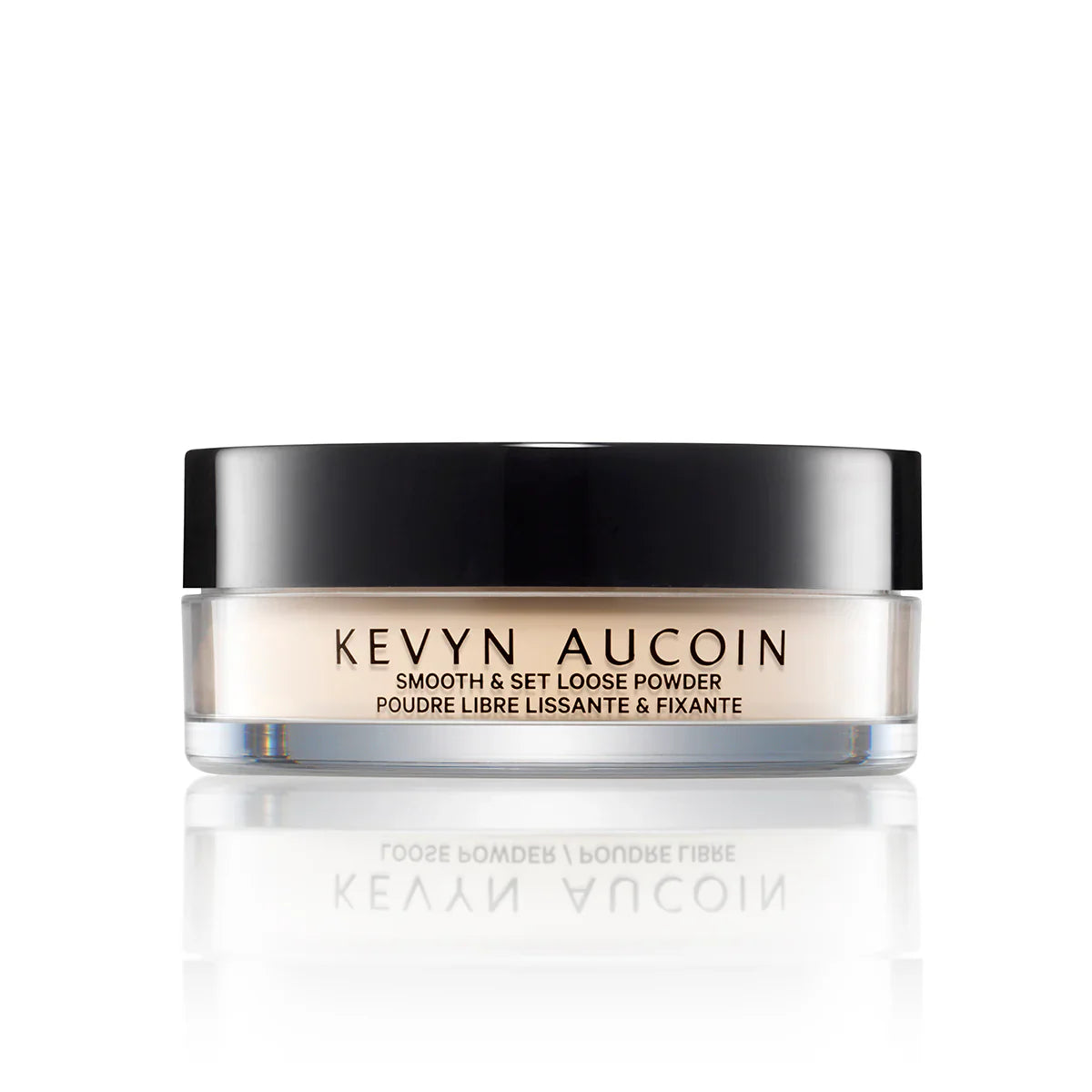 Kevyn Aucoin Smooth & Set loose powder jar, clear base with black lid