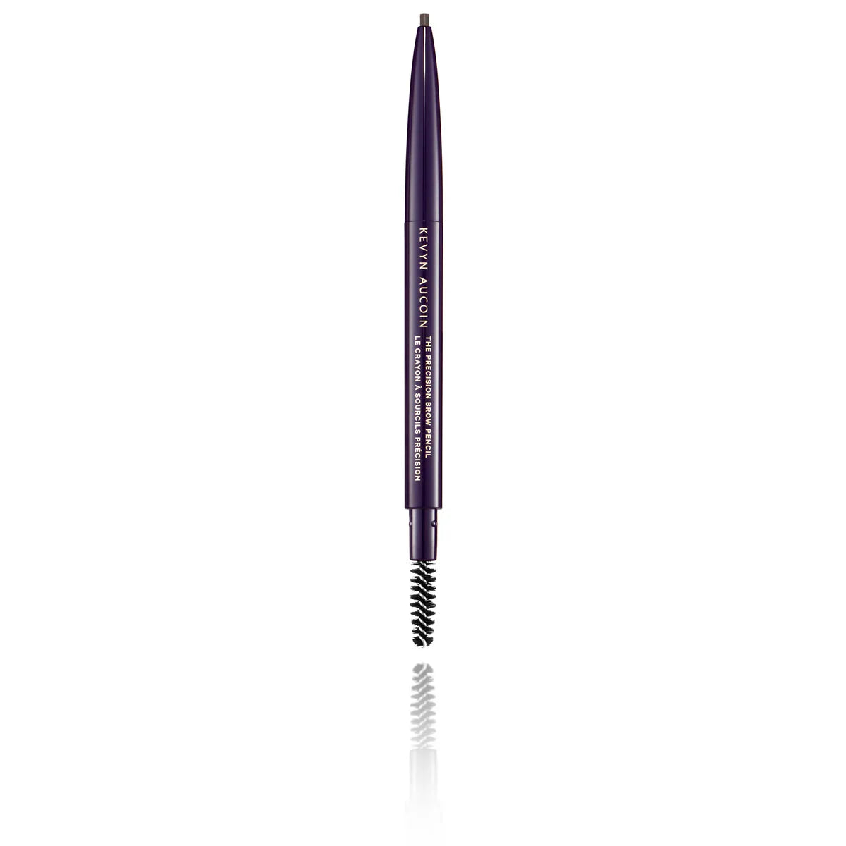Precision brow pencil with fine tip and spoolie brush, dark purple casing