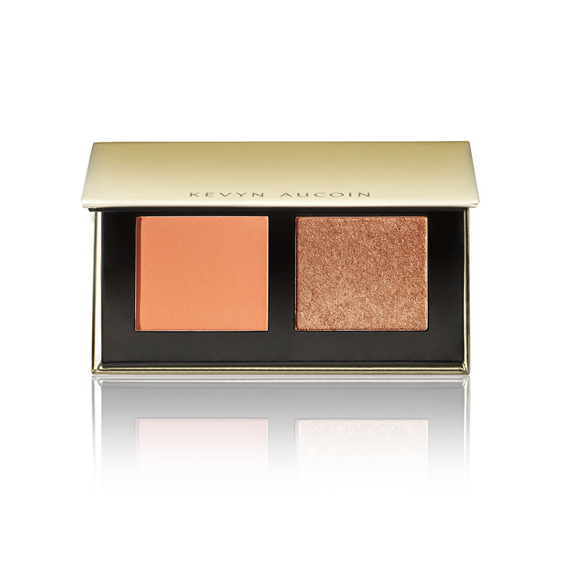 Blush and glow palette with peach and bronze shimmer powder pans