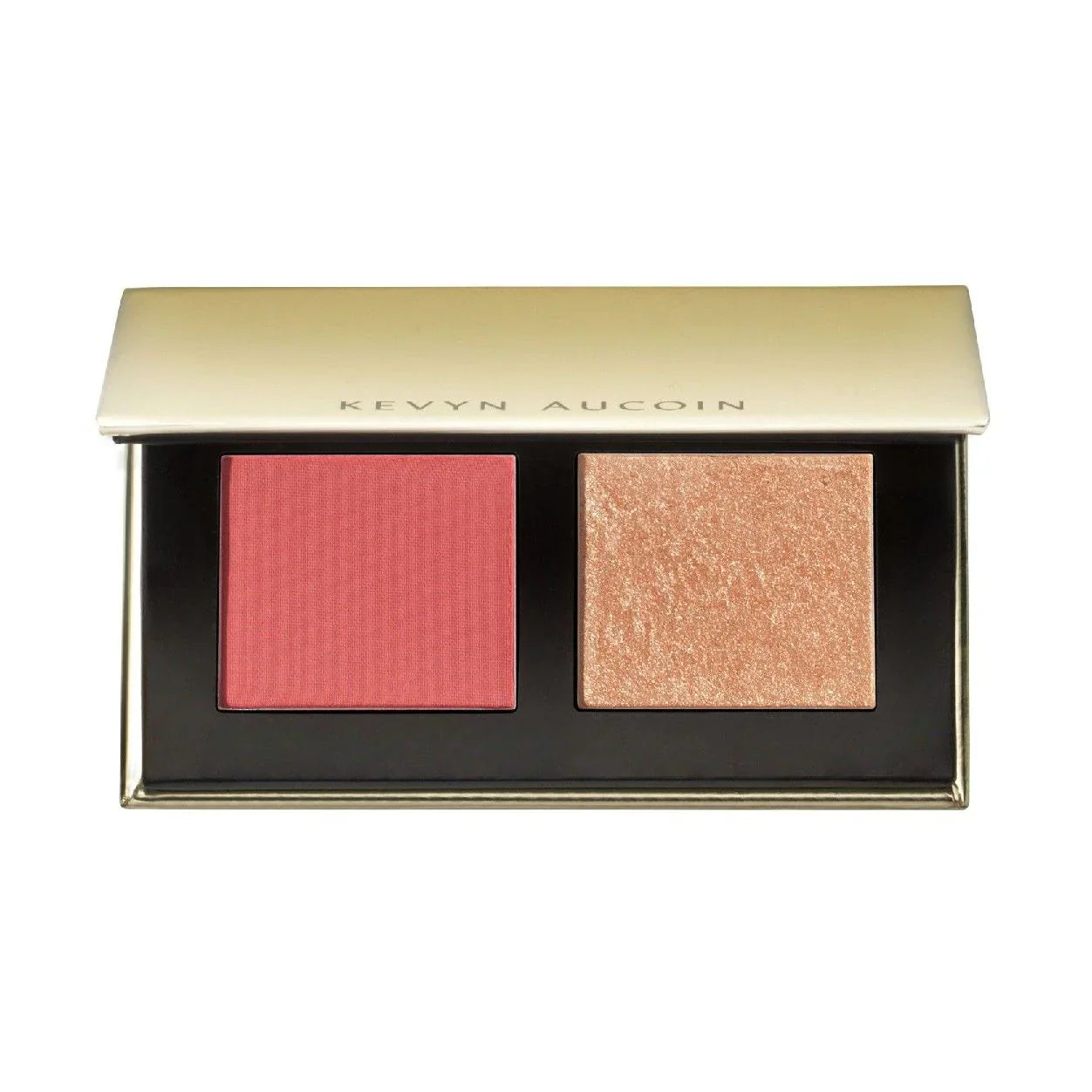 Blush and glow palette with pink and peach shimmer powder pans