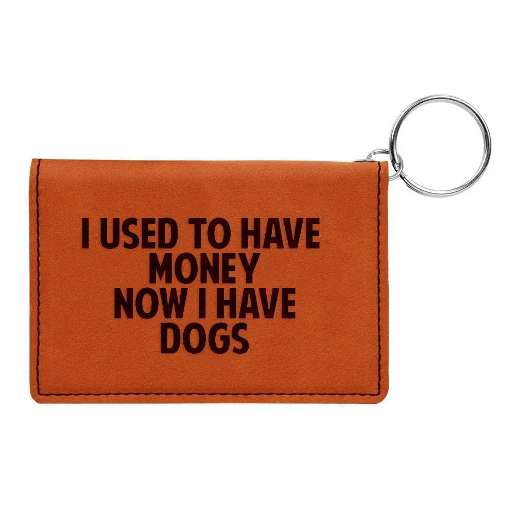Brown keychain wallet with engraved quote and metal key ring