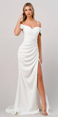 Off-shoulder crepe dress in off-white with spaghetti straps and side slit