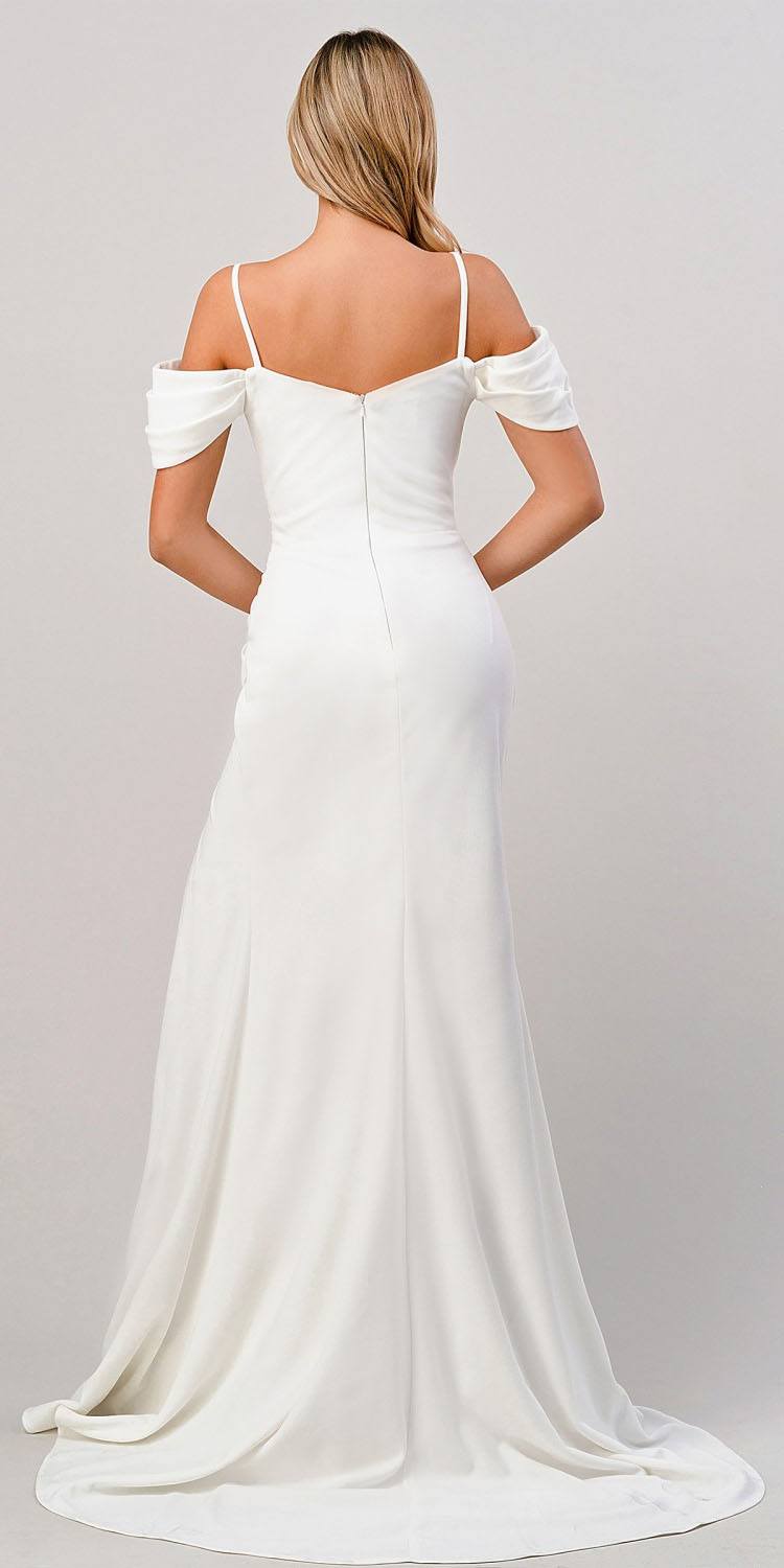 Off-shoulder crepe dress back view in off-white with short sleeves and floor-length skirt