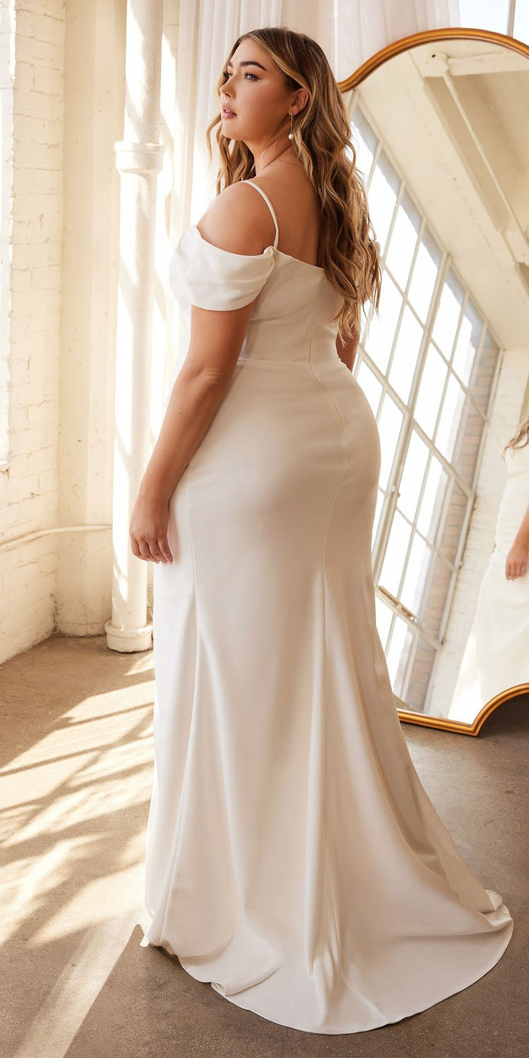 Off-shoulder crepe dress, off white, fitted bodice and flowing skirt with thigh slit