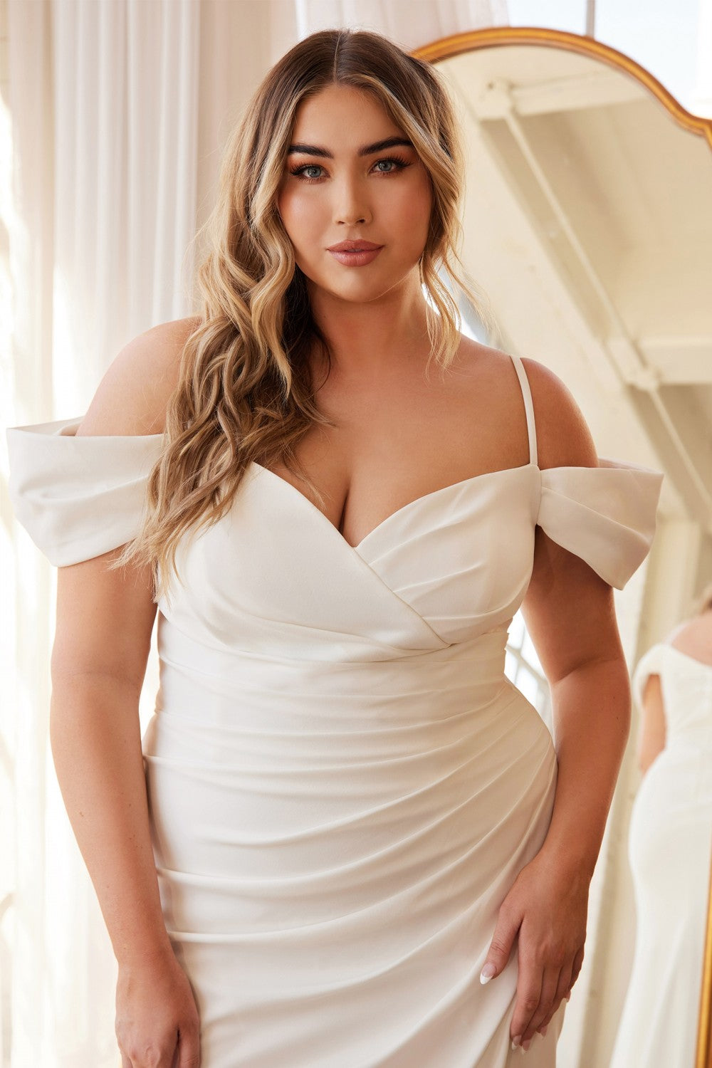 Off-shoulder crepe dress close-up in off white with sweetheart neckline