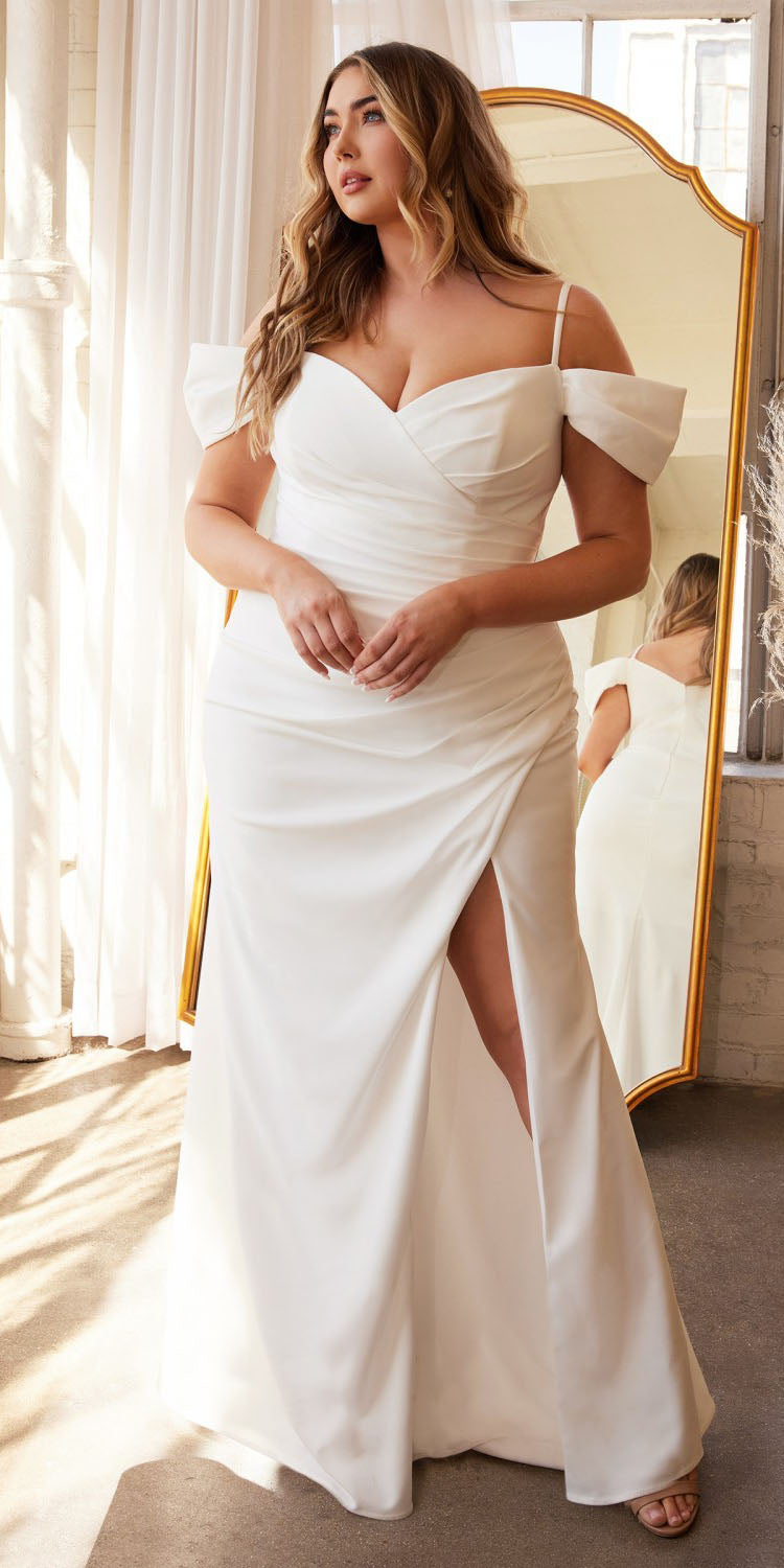 Off-shoulder crepe dress in off white with sweetheart neckline and thigh slit