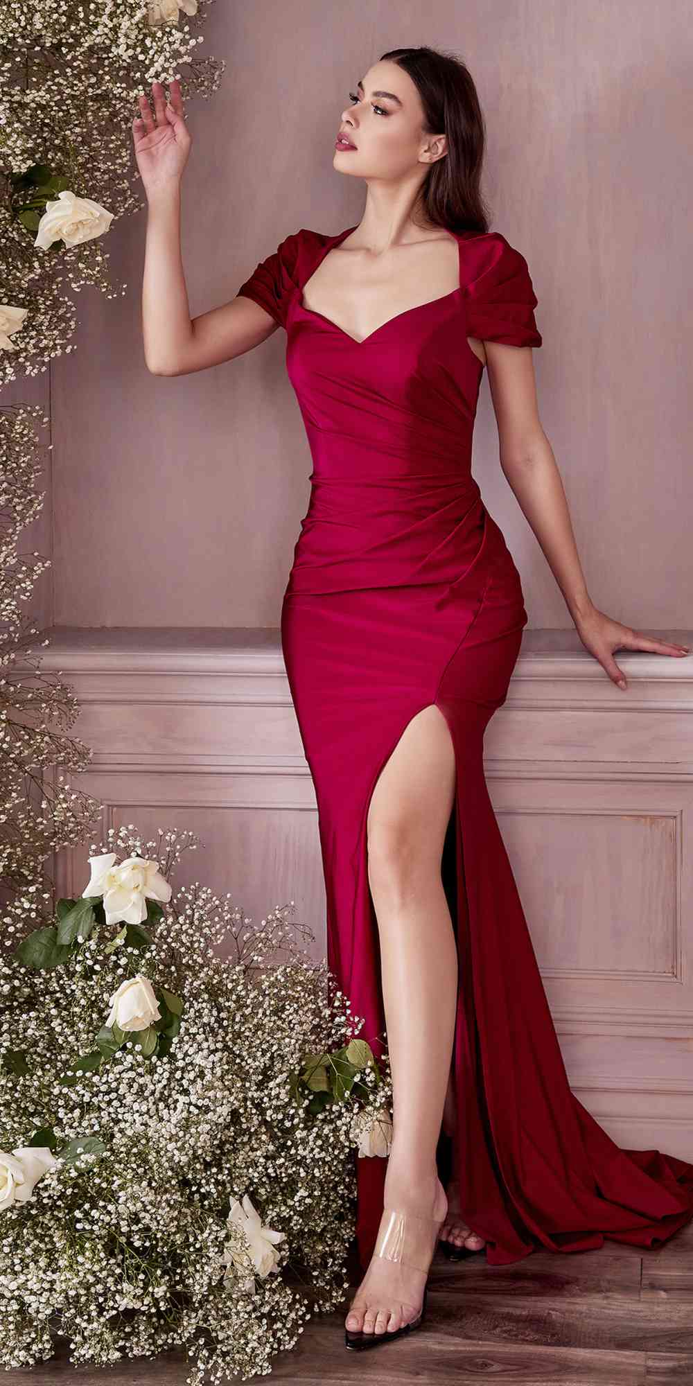 Fitted long dress with draped cap sleeves, red, sweetheart neckline and side slit