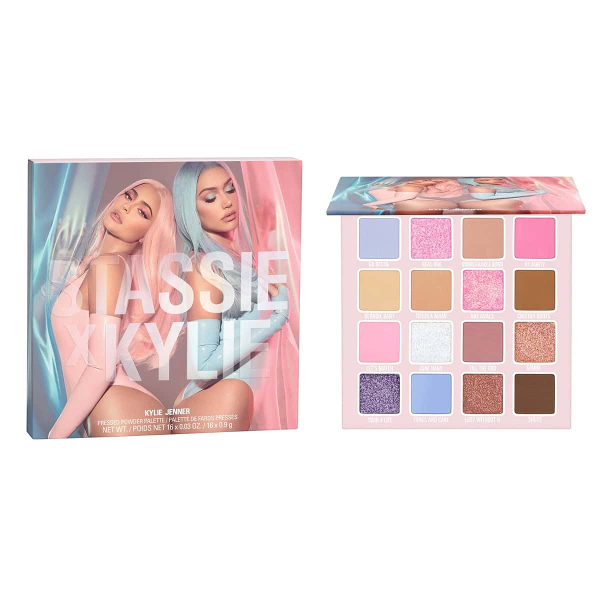 Pressed powder palette with 16 pan shades: pink, beige, brown, and purple.