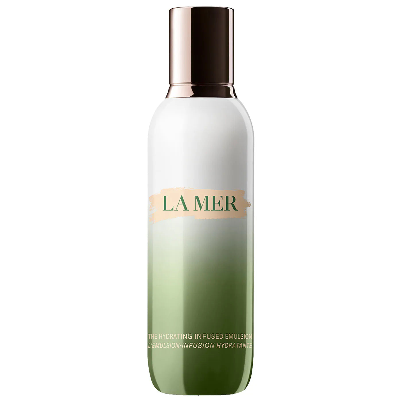 La Mer hydrating emulsion bottle with metallic cap, frosted glass, green label