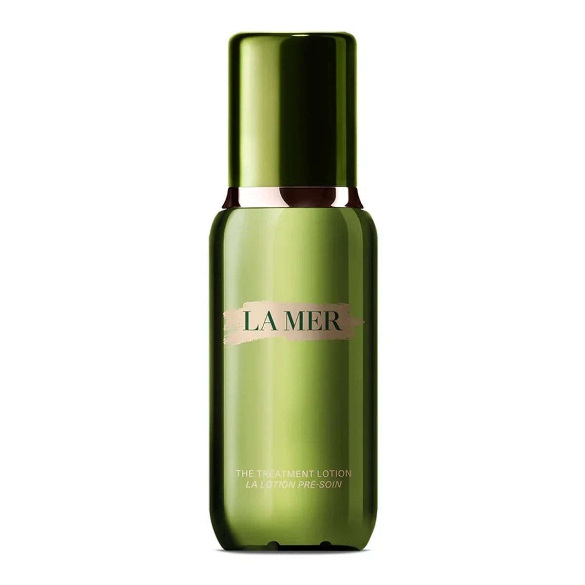 La Mer treatment lotion bottle with green glass and black cap, front label.