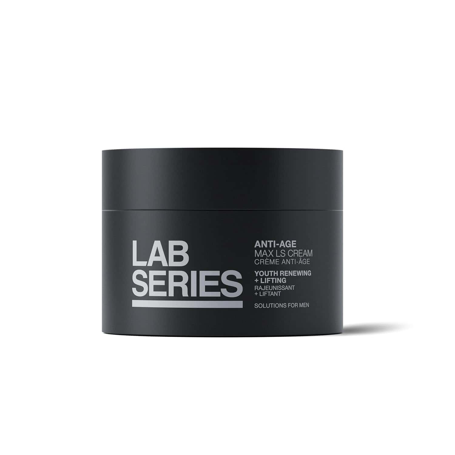 Lab Series anti-age cream jar, matte black with white label
