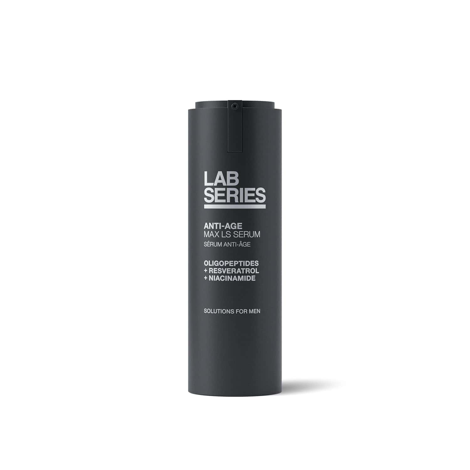 Lab Series Max LS anti-age serum bottle, dark cylindrical with label and cap.
