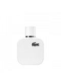 Eau de parfum bottle, white textured glass with silver cap and Lacoste logo