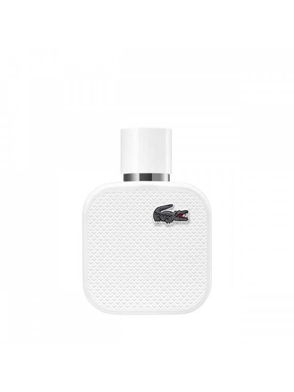 Eau de parfum bottle, white textured glass with silver cap and Lacoste logo