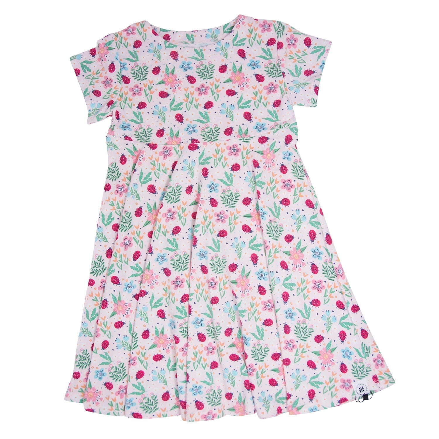Girls cap-sleeve swirl dress with ladybug and floral print, light background