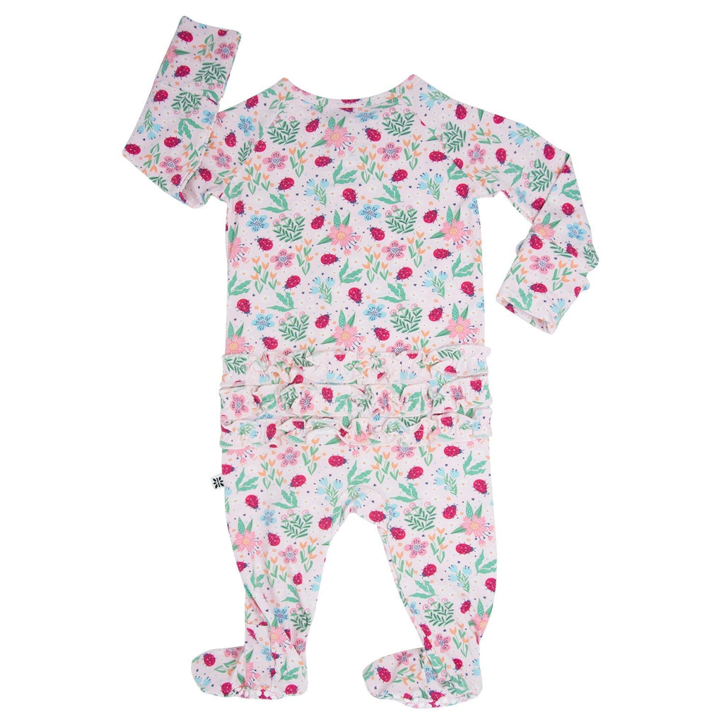 Baby footie pajamas with colorful floral ladybug print, ruffle shoulder, zip front