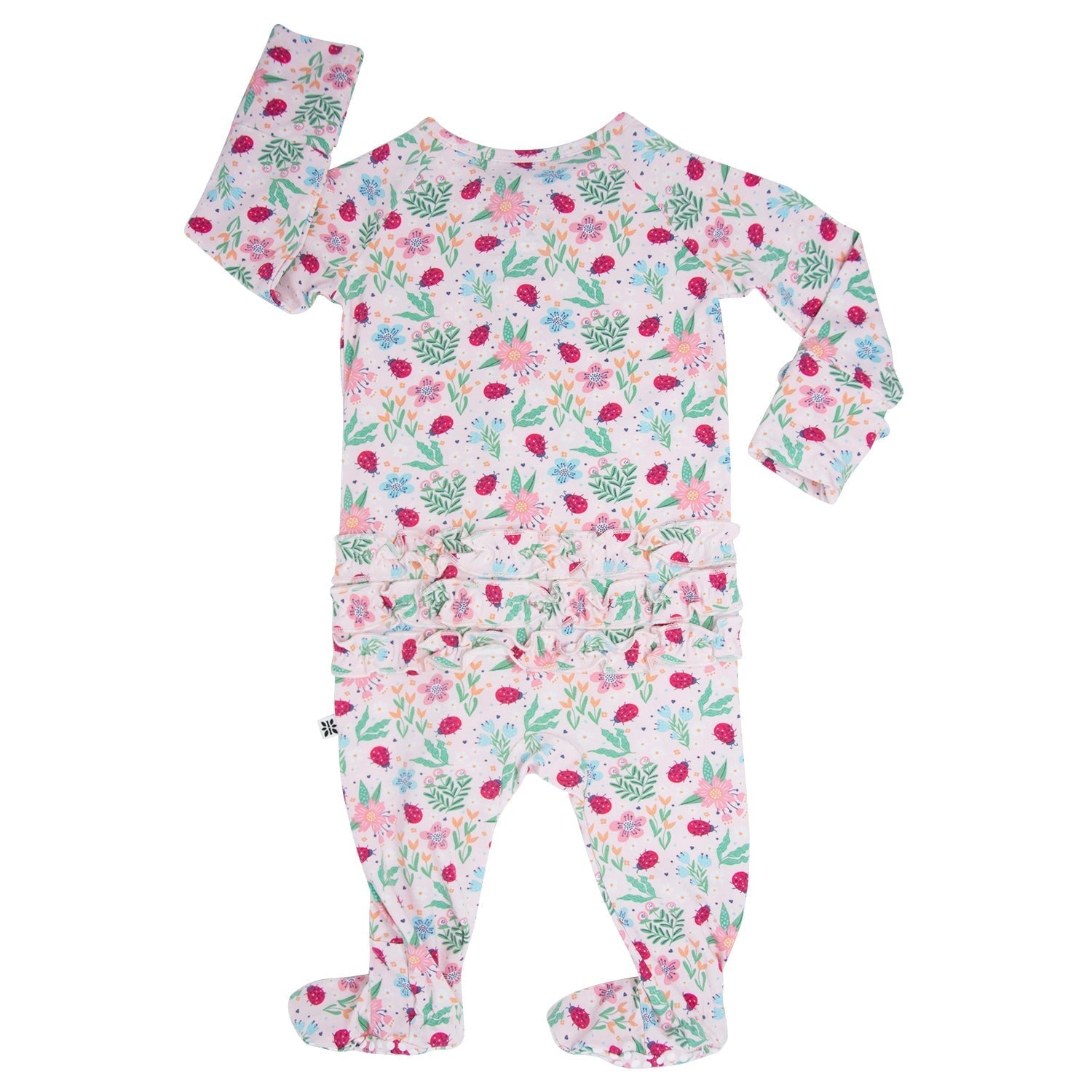 Baby footie pajamas with colorful floral ladybug print, ruffle shoulder, zip front