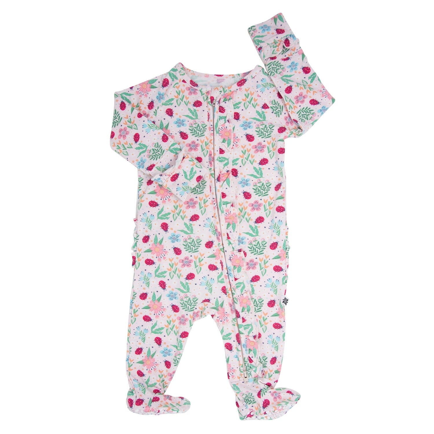 Floral ladybug baby footie with ruffle shoulder, long sleeves, zip front
